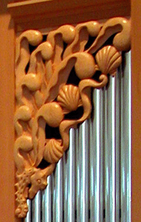 Woodcarved seashells, pipe shade carvings, organ at Lippincott Residence, Cape Cod MA
